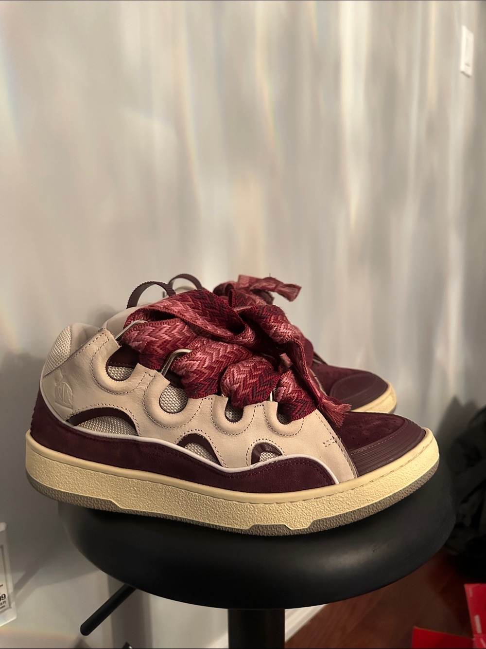 Lanvin Burgundy and Cream Low-Top Sneakers with Wide Woven Laces